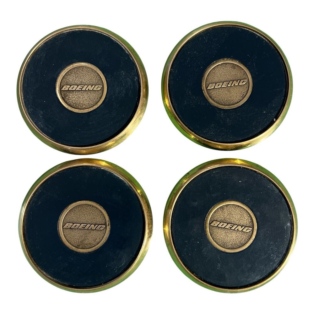 Vintage Boeing Brass & Leather Coasters Set Of 4 1960’s